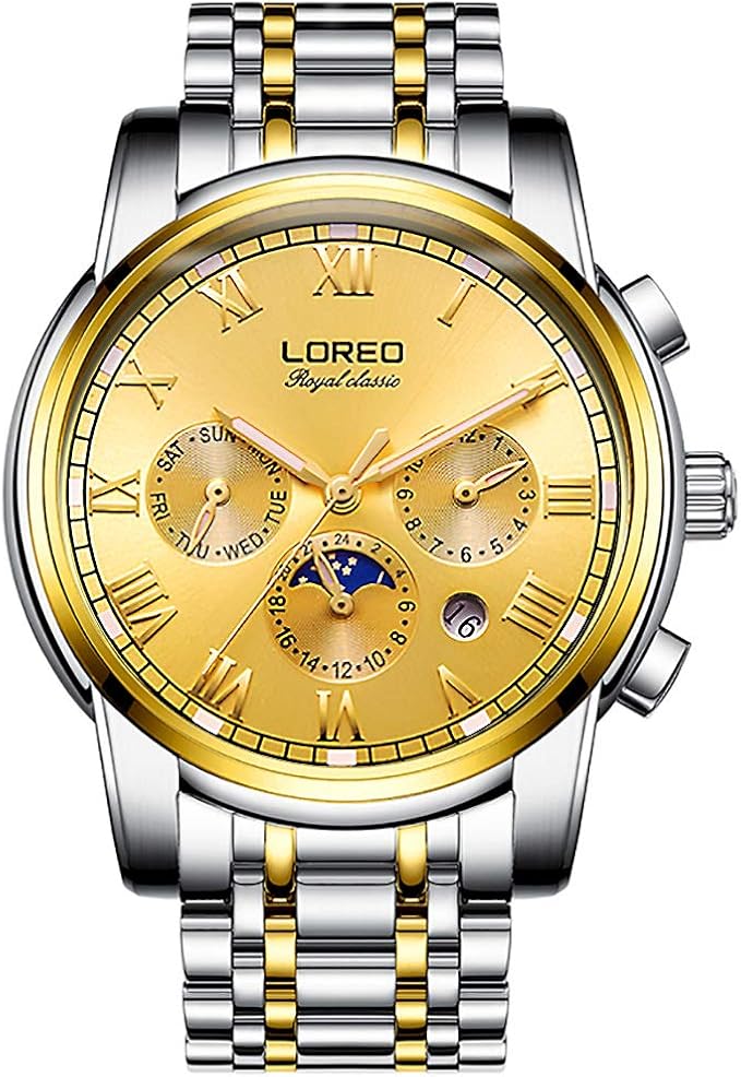 loreo 男式自动多功能银色不锈钢蓝宝石玻璃防水蓝色男士手表